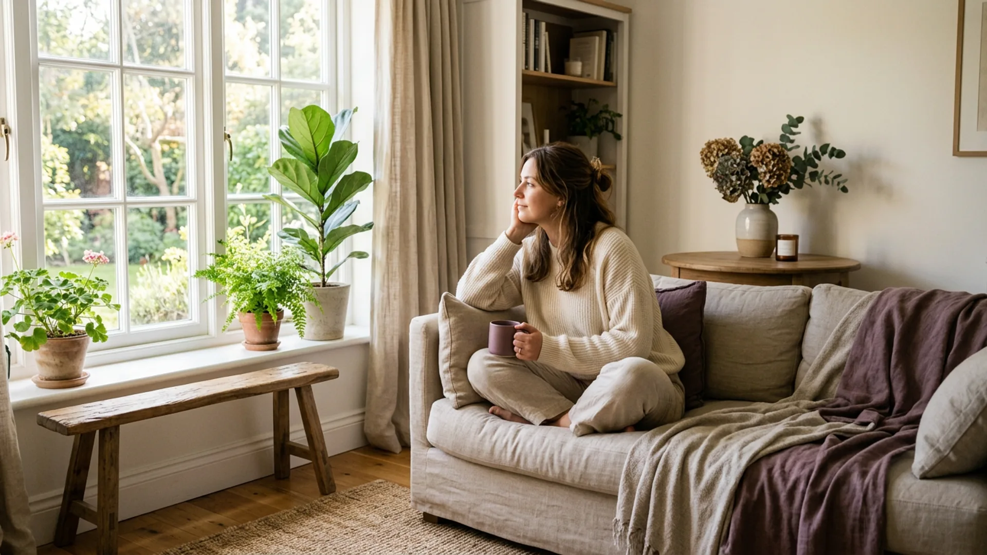 A woman resting in calm light, feeling grounded and whole